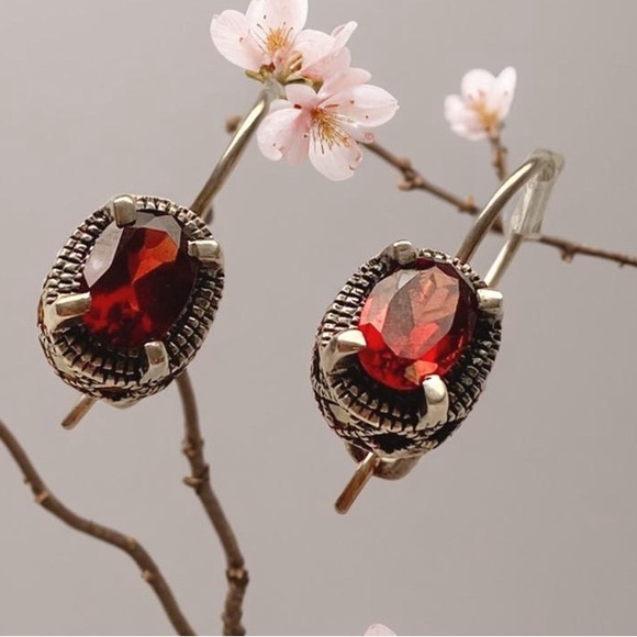 925 Sterling Silver Jewelry - Red Garnet and Marcasite hook back Earrings